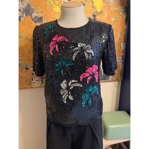Vintage Stenay 100% Silk Beaded Top w/ Palm Tree Motif Sweet! Sz L